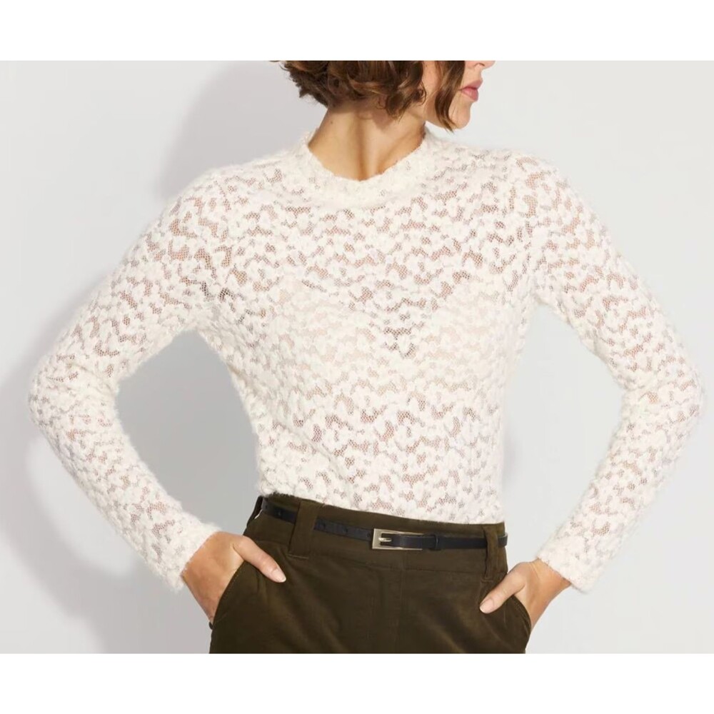 White House Black Market Textured Lace Mockneck Top Large Ivory Sheer Romantic